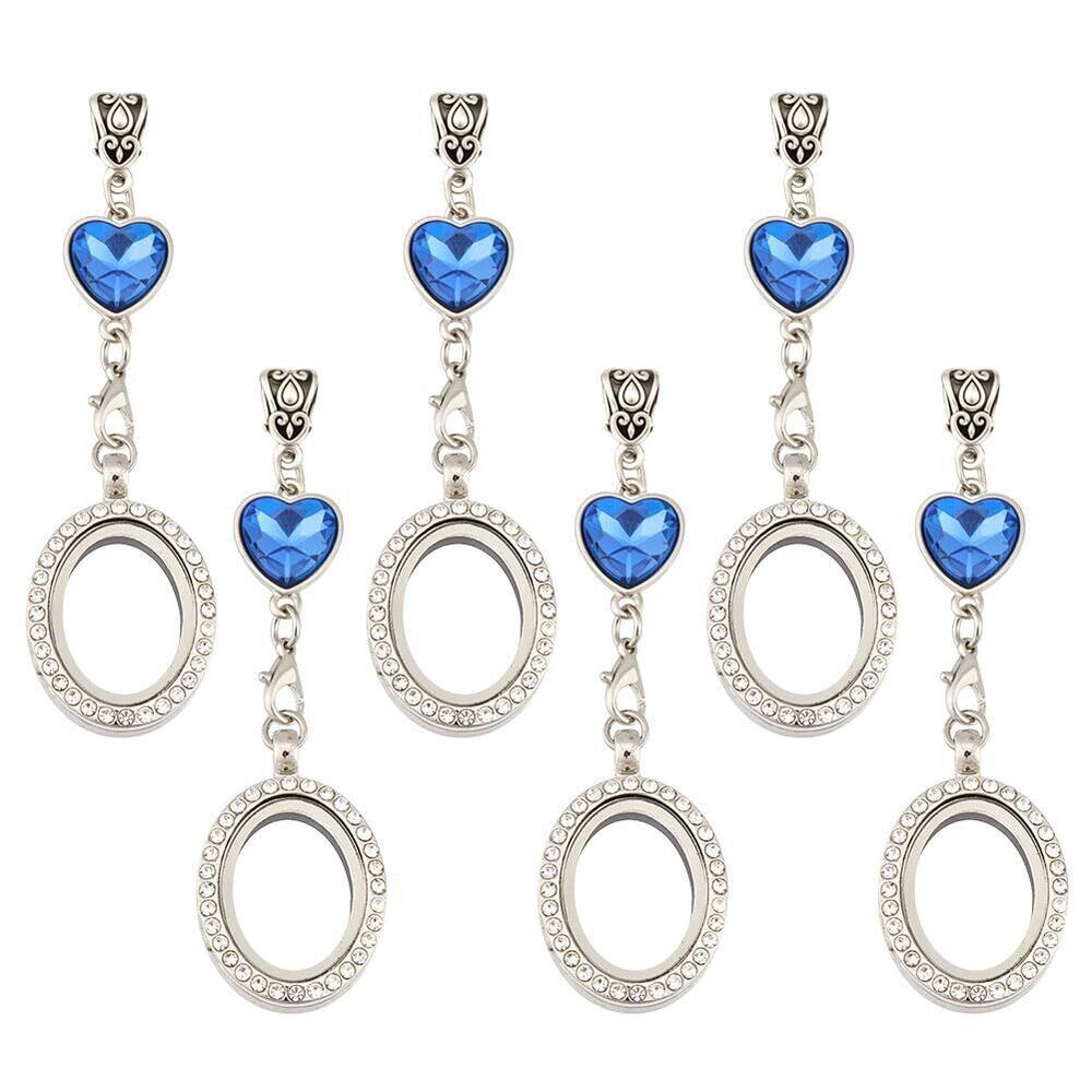 1298 6 Set Alloy Oval Rhinestone Photo Charm, 3.4 inch Silver White Crystal